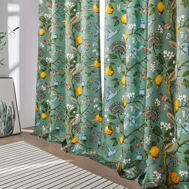 Fancy Hummingbird Patterned  Room Darkening Curtain,Rod Pocket Back Tab Floral Drapes,Set of 2, 52" W x 96" L, Sage Green