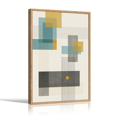 Tableau abstrait géométrique sur toile turquoise et moutarde