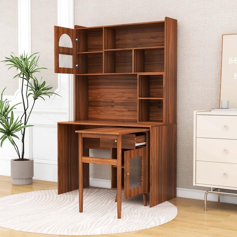 Bureau d'ordinateur avec tiroir de rangement, armoires et tablettes, Noyer