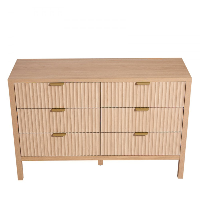Commode 6 tiroirs cannelés, commode en bois avec dispositif coulissant et anti-basculement, commode minimaliste moderne, rangement pour placard de salon, couloir, entrée, bois clair
