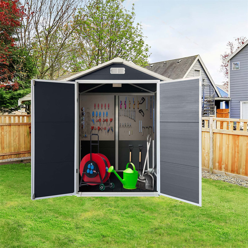 6Ft X 4Ft Plastic Outdoor Storage With Floor And Lockable Door Plastic Garden Shed For Backyard, Lawn, Cold Grey, Dark Gray