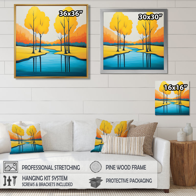 «Yellow Trees Autumn Forest River», art mural rivière, Toile avec cadre flottant or, H 16 po x l 16 po x P 1 po