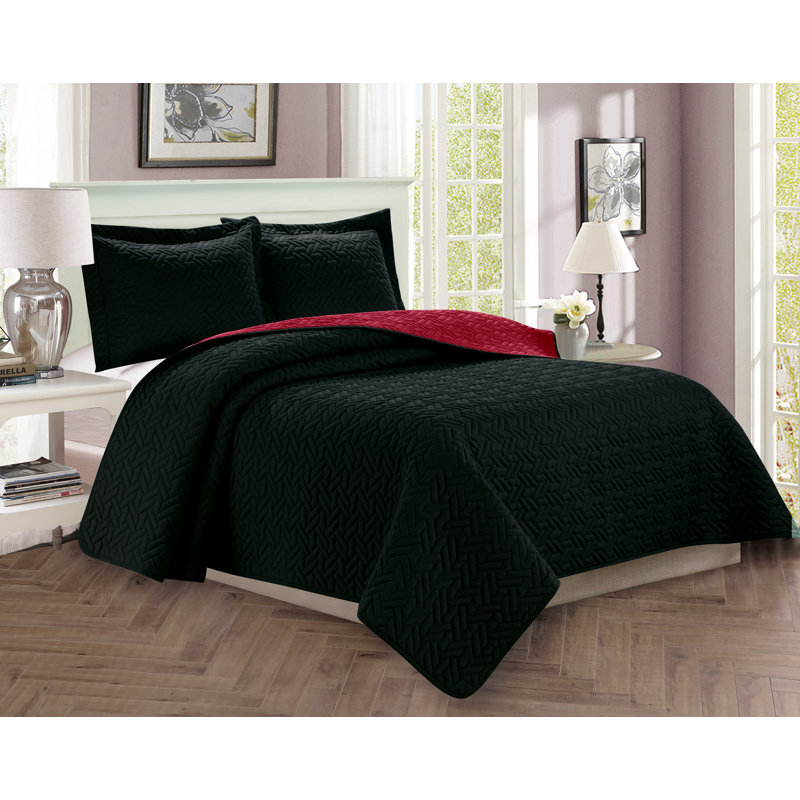 Mcdougall Polyester Coverlet, Queen Comforter + 2 Shams, Black/Burgundy
