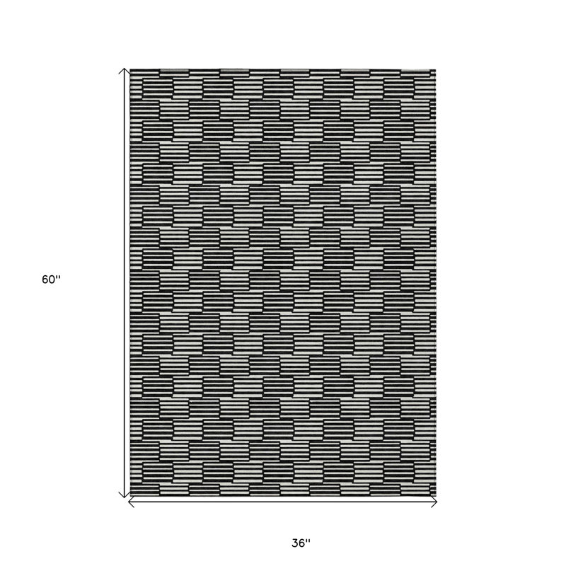 3' X 5' Black Geometric Washable Indoor Outdoor Area Rug