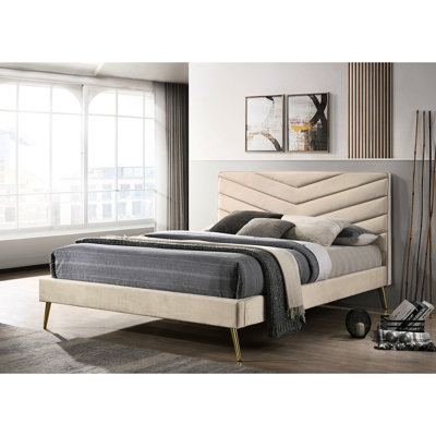 Grand lit de style Mid-Century moderne beige avec tête de lit et pieds dorés