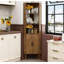 Armoire de coin de 72,3 po de hauteur avec portes et tablettes pour le salon, noyer