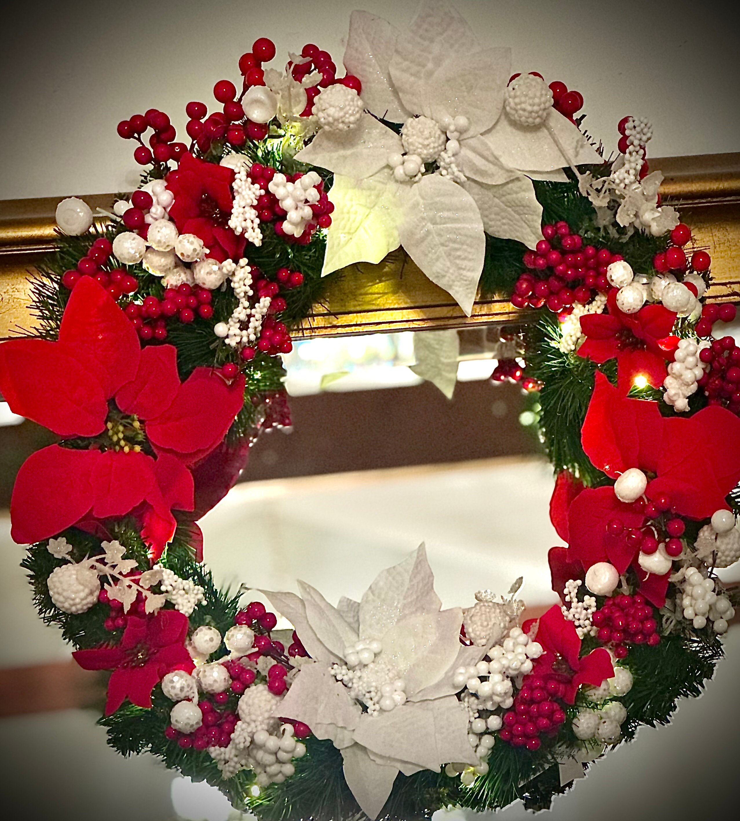 Canora Grey Pre-Lit Red and White Poinsettia and Berry Christmas Wreath ...