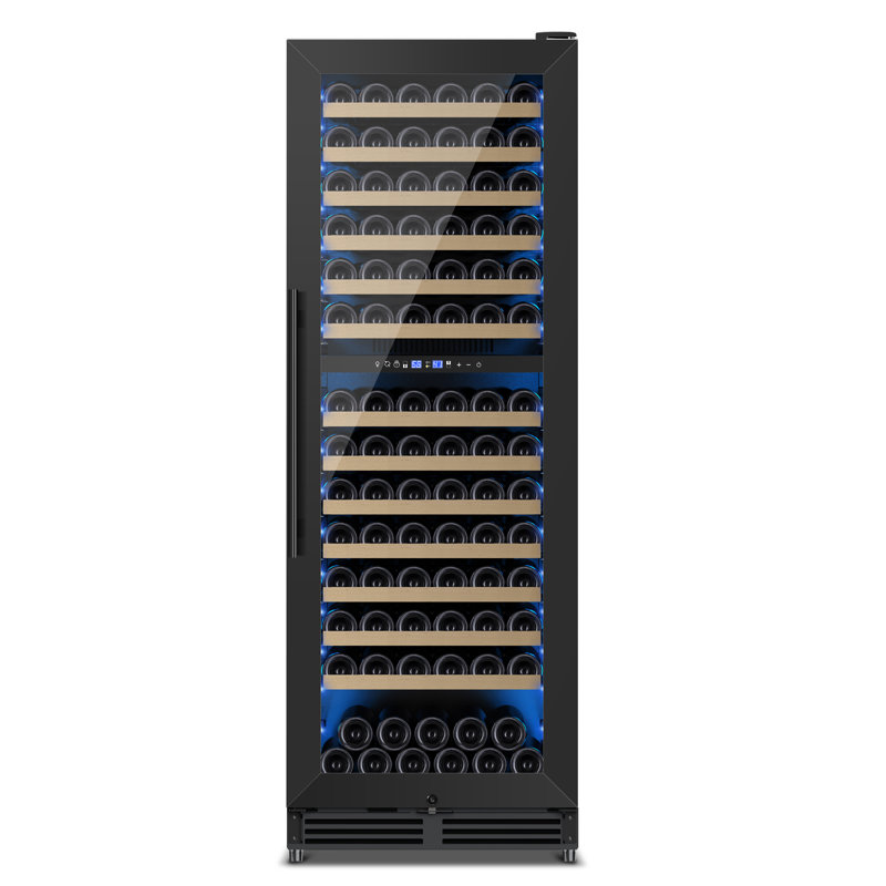 24-Inch Tall Dual Zone Wine Refrigerator -- 154-Bottle Cooler for Built-In or Freestanding Use with Reversible Door Design, Professional Compressor, Low Noise, Fast Cooling, and Intelligent Temperature Memory in Black Finish