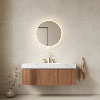 Meuble-lavabo de salle de bain, armoire de rangement en contreplaqué flottant avec tiroir et portes, plateau en pierre frittée et lavabo en céramique avec 3 trous de robinet pré-percés