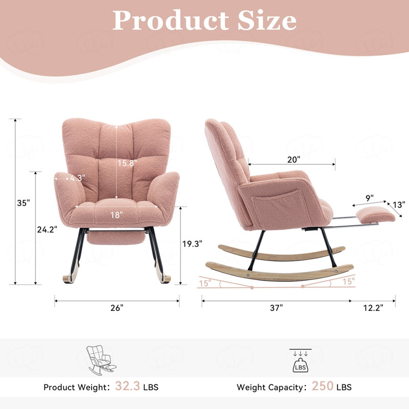Chaise berçante en tissu avec repose-pieds Teddy, Rose