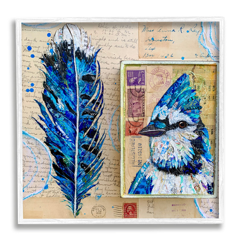 «Blue Jayd Ephemera Feather Bird» par Lisa Morales - peinture à cadre flottant sur toile, H 17 po x l 17 po x P 1,5 po