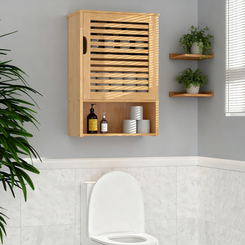 Bamboo Wall Mounted Medicine Cabinet With Adjustable Shelf, Single Door Bathroom Storage Cabinet For Bathroom, Kitchen, Living Room