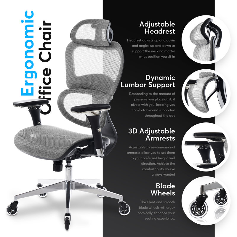 ErgoPro Gray Mesh Adjustable Executive Office Chair with Blade Wheels