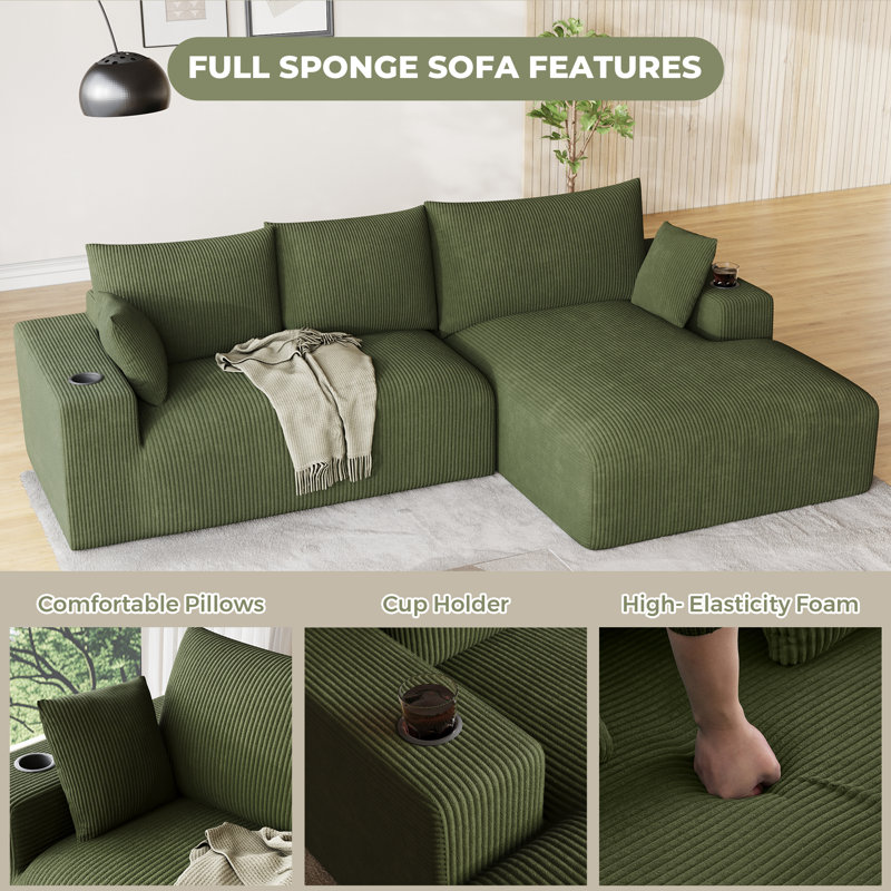 Adame Oversized Corduroy Modular Sectional Sofa with Deep Chaise Dual Cup Holders and No Assembly, Green, Right Hand Facing