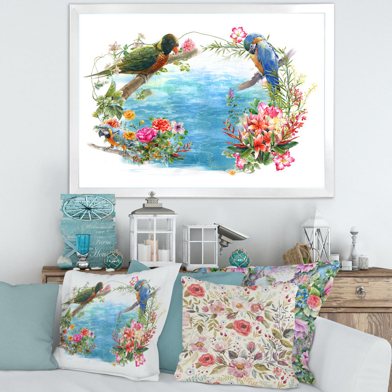 Oiseaux et fleurs au bord de l'eau - peinture sur toile, H 30 po x l 40 po x 1,5 po, Cadre photo blanc