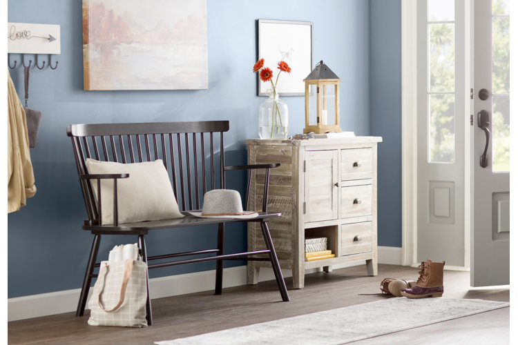 light gray hallway runner in a blue entryway