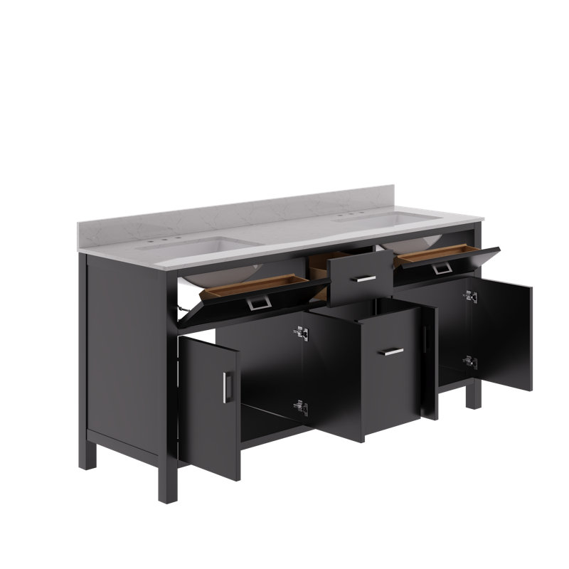 72" Black Double Freestanding Bathroom Vanity with Marble Top