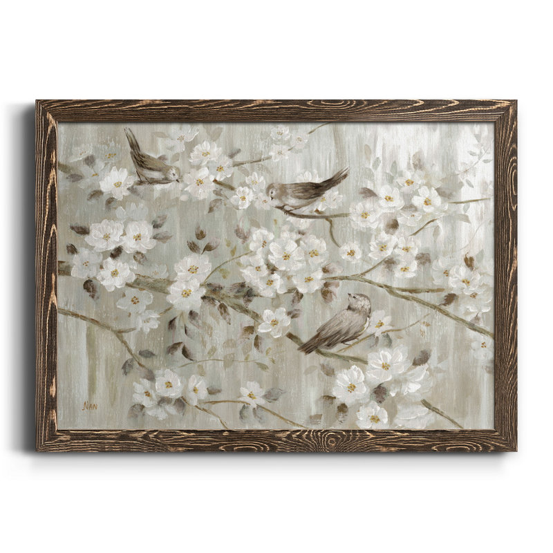 «Neutral Spring Birds», peinture sur toile encadrée, H 17 po x l 20 po x P 1 po, Noyer