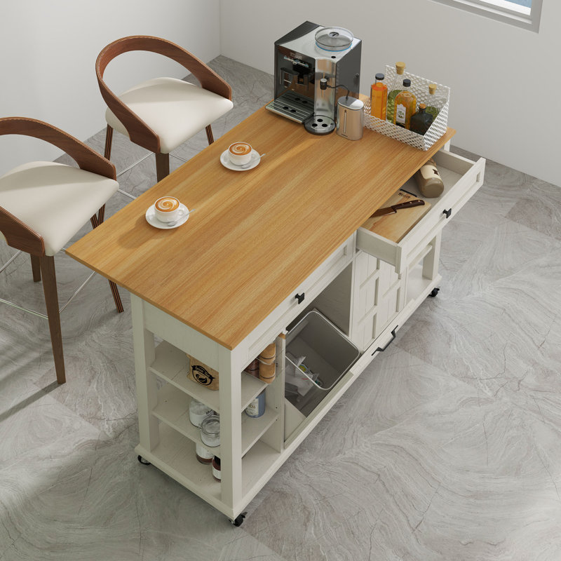  Chariot pour îlot de cuisine avec prises de courant et armoire à ordures, table à abattants avec tiroirs de rangement et roues verrouillables