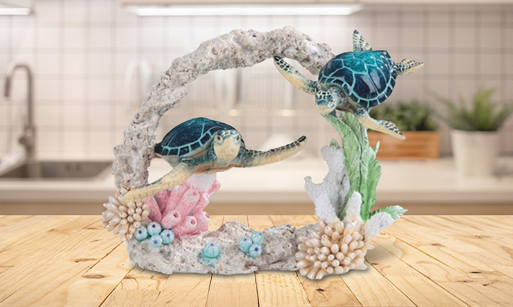 9"W Blue Sea Turtle Couple Swimming Around Coral Figurine Dovecove