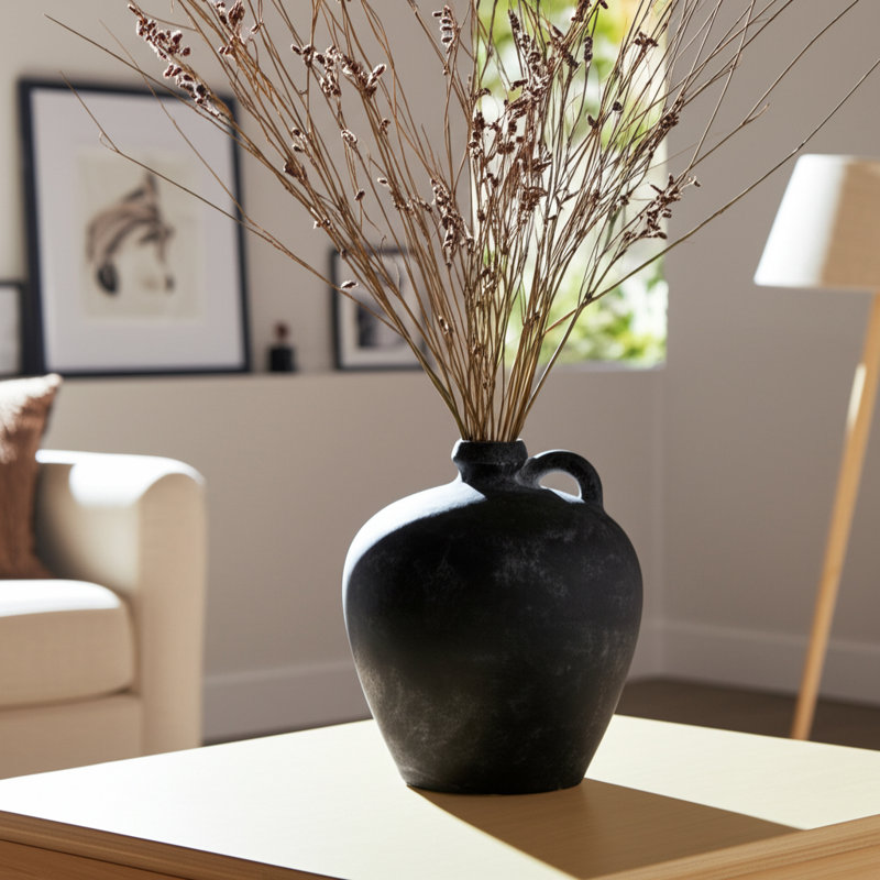 Terracotta Pottery Vase with Handle Modern Decorative Sculptural Accent Jar Styled Design