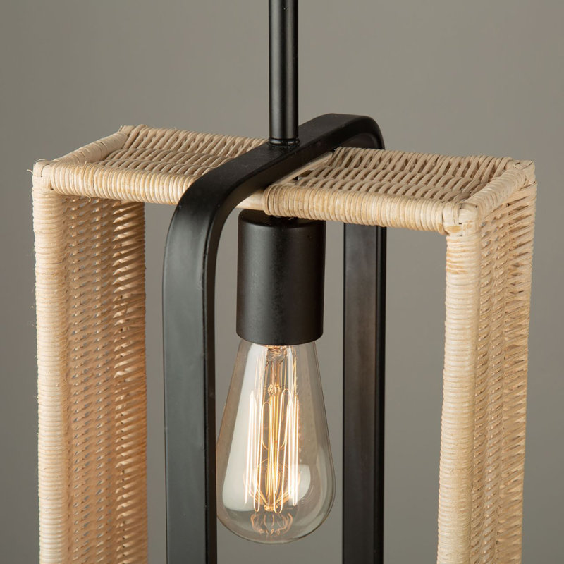 Contemporary Mini Black Glass Pendant with Rattan Shade
