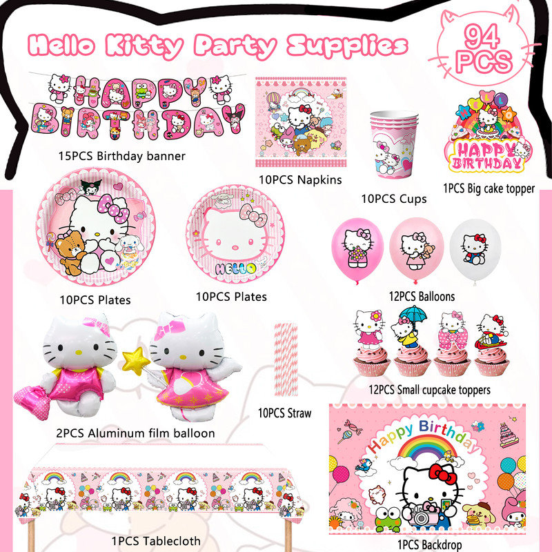 Hello Kitty Birthday Decorations,94pcs Hello Kitty Party Decorations & Hello Kitty Party Tableware Set