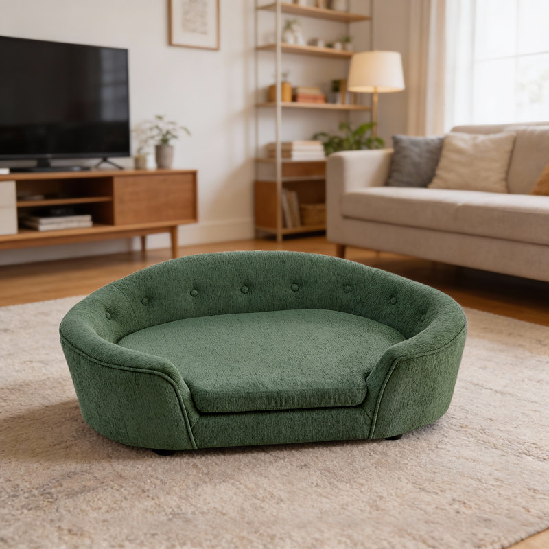 Linen Pet Sofa Bed Dog Couch With Button-Tufted Backrest, Olive Green