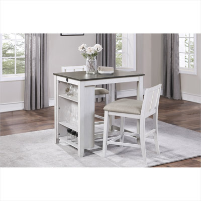 Ensemble de salle à manger 3 pièces à hauteur de comptoir en bois blanc avec ports USB, tablette de présentation et chaises en tissu, sièges 2