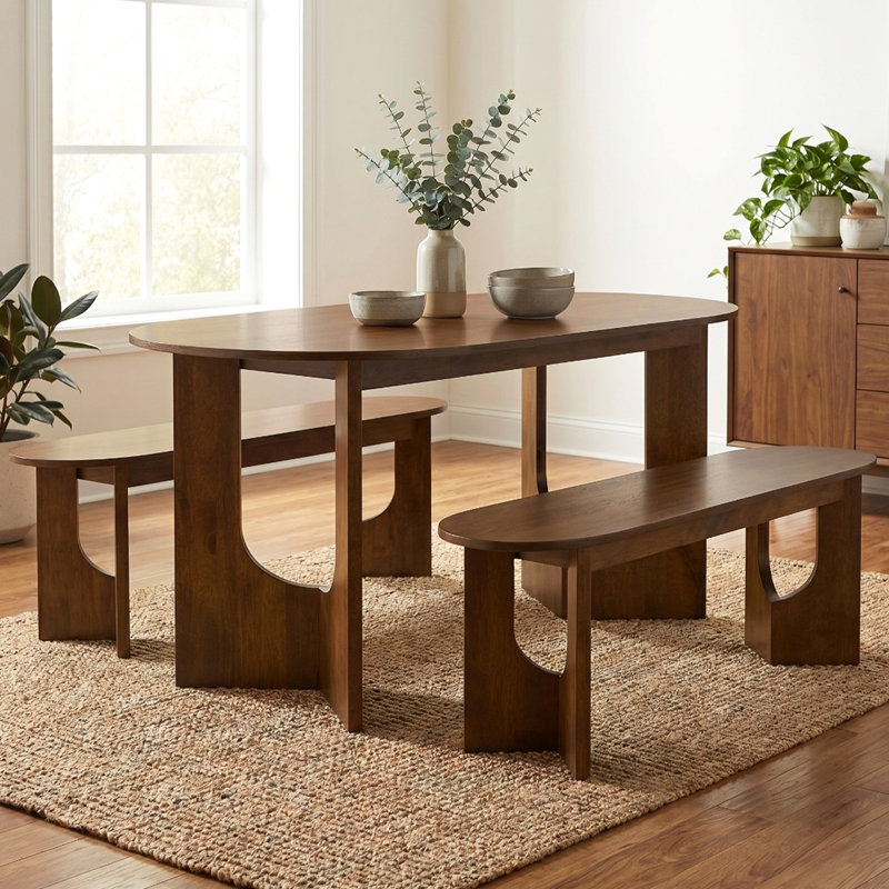 Ensemble de table de salle à manger 4 personnes à base en bois massif brun moderne avec 2 bancs pour la cuisine et la salle à manger