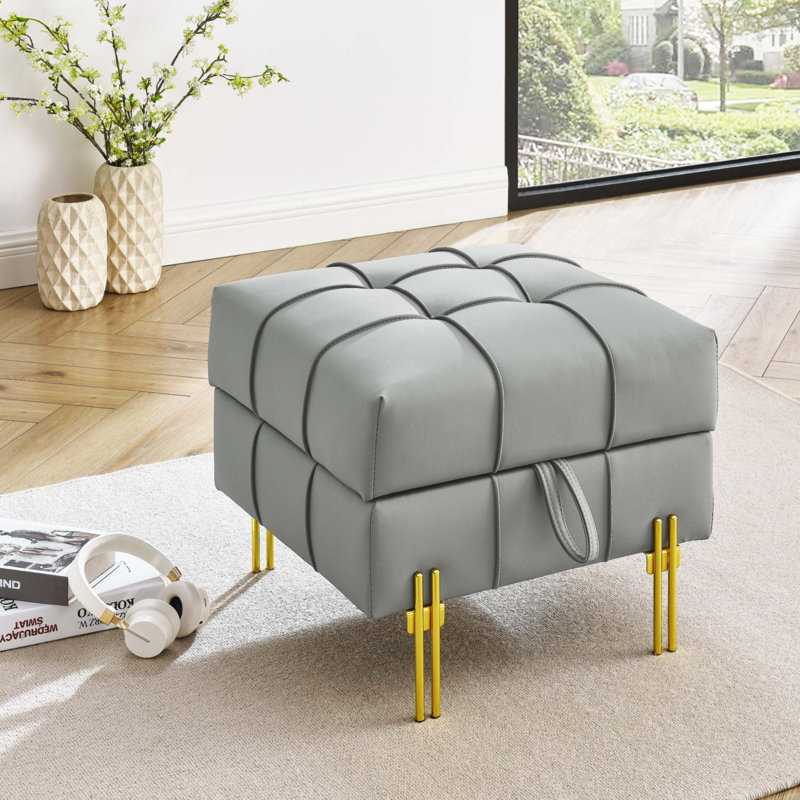 Repose-pieds de rangement en cuir anti-égratignures 22 pouces, banc d'entrée pour animaux de compagnie avec pieds en acier inoxydable doré, gris