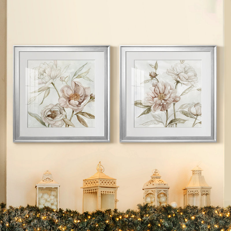 «Washed Botanical I», ensemble de 2 reproductions, Blanc, Papier avec cadre argenté, H 22,5 po x l 45 po x P 1,5 po