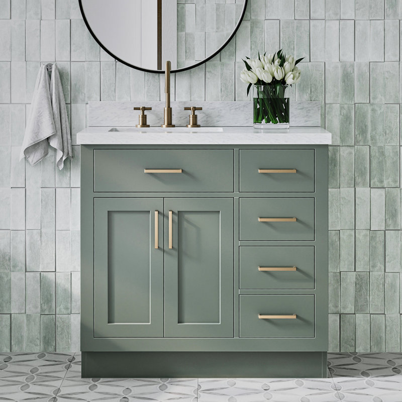 Meuble-lavabo simple en bois massif 36 po Tidworth avec plateau en marbre de Carrare 1,5 po, Forme rectangulaire, Gauche