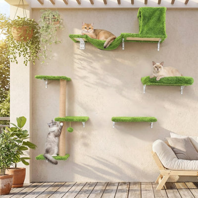 Cat Wall Shelves, Stable 4-in-1 Wall Furniture Set, Wooden Kitten Climbing Wall with Scratching Post, Green