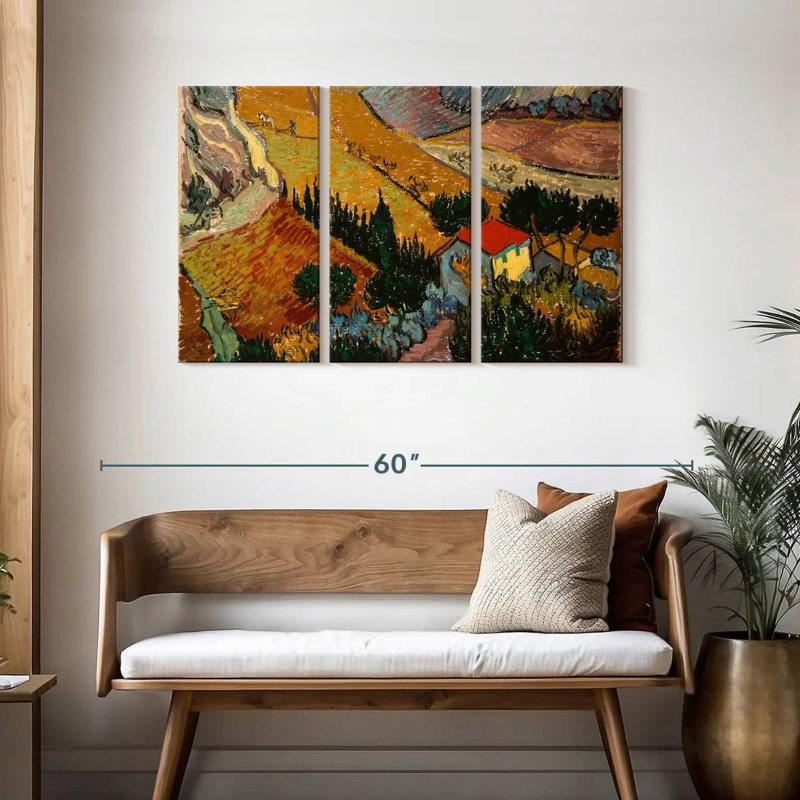 Alvord, paysage avec maison et laboureur, H 28 po x l 45 po