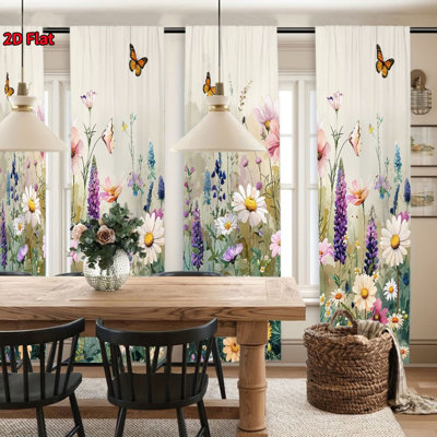 4Pcs rideaux à imprimé floral de campagne, rideaux de fenêtre de paysage de prairie, panneaux de voile diaphane avec passe-tringle pour salon, chambre à coucher, cuisine, salle à manger, hôtel, café, décoration intérieure