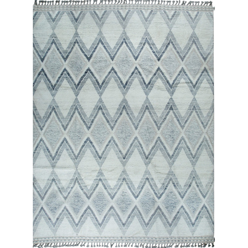 8x11 Ivory Hand-Knotted Wool Layered Diamond Weave Geometric Modern Contemporary Carpet Rug