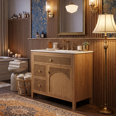 Armoire de meuble-lavabo 30 po Farmhouse, placage en bois d'acacia avec tiroirs profonds et portes à chevrons (naturel)