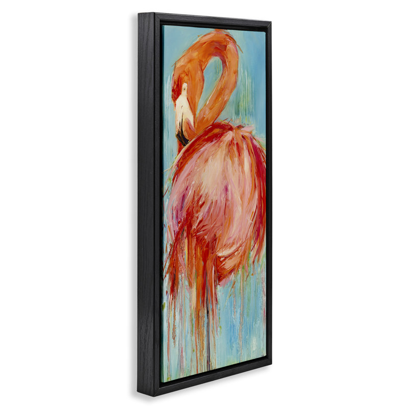 Peinture abstraite audacieuse flamant rose, Cadre flottant noir de jais, H 31 po x l 15 po