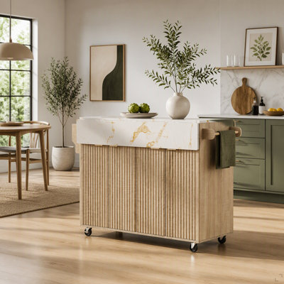 55.5" Fluted Kitchen Island with 2 Drop Leaf, Kitchen Storage Cart with Power Outlet, 4 Doors, Spice rack, Rolling Island Table with Faux Marble Top, Curved Edge for Kitchen, Dining Room