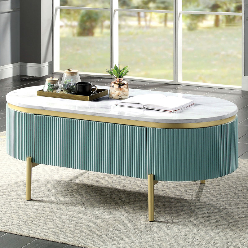 Élégante table de fabrication de jus bleu sarcelle avec une finition en faux marbre blanc et un tiroir dissimulé
