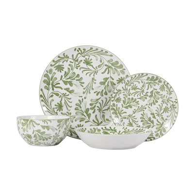 Service de table en porcelaine 32 pièces, ensemble de bols à assiettes florales bleues et vertes, service pour 8