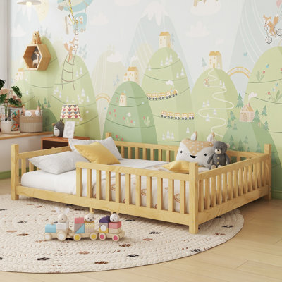 Lit double à plancher bas avec lumière, clôture et toit pour enfants garçons filles, finition bois naturel