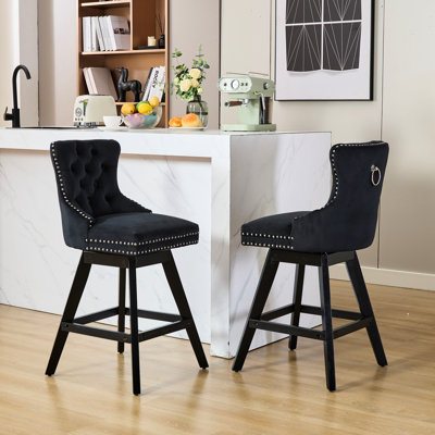 Button Velvet Bar Chairs, 360 Swivel Seat, Wooden Legs, Nailhead Trim, Soft Foam & Steel Spring Inner Filler, Curved Back, Black, 2 For Dining Area With Decoration, Cushioning, 2 Chairs Space
