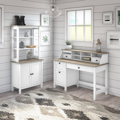 Bureau d'ordinateur Mayfield de 54 W avec tiroirs, rangement de bureau et bibliothèque à 5 tablettes en blanc pur et gris Shiplap