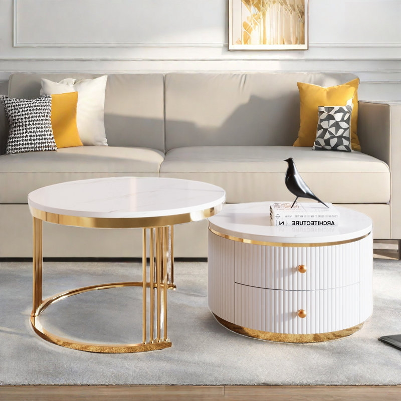 Table basse gigogne moderne 2 pièces avec 2 tiroirs et pieds dorés