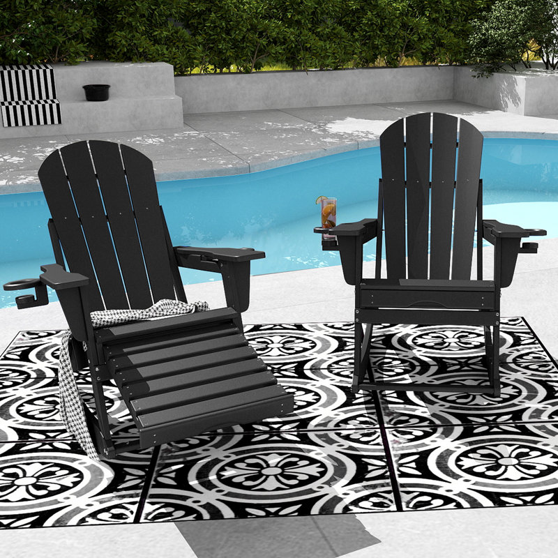 HDPE Adirondack Folding Rocking Chair With Retractable Ottoman And Cup Holders, Black