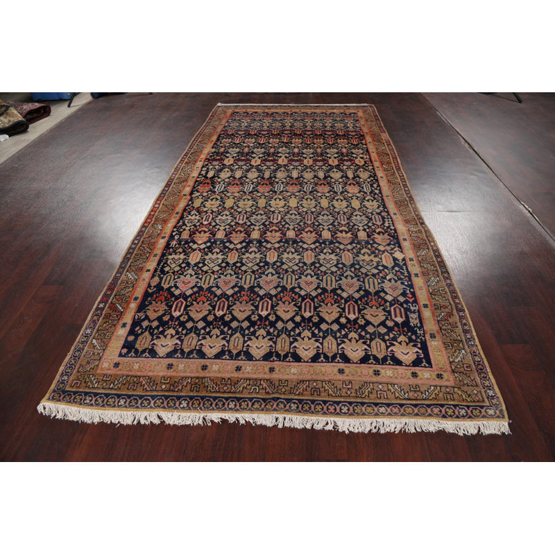 Tapis bleu marine en laine noué à la main de conception unique 5 pi 3 po x 10 pi 10 po années 1900