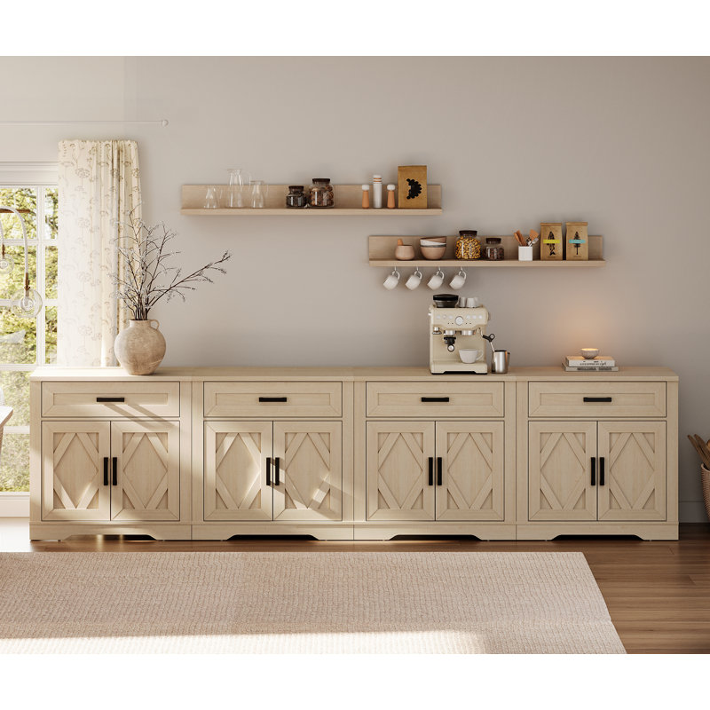 126"W Long Buffet Cabinet, 4-In-1 Farmhouse Sideboard Buffet With Storage Barn Door Unit, Dining Room Buffet Table With File Drawers And Shelves For Office, Bedroom,Beige