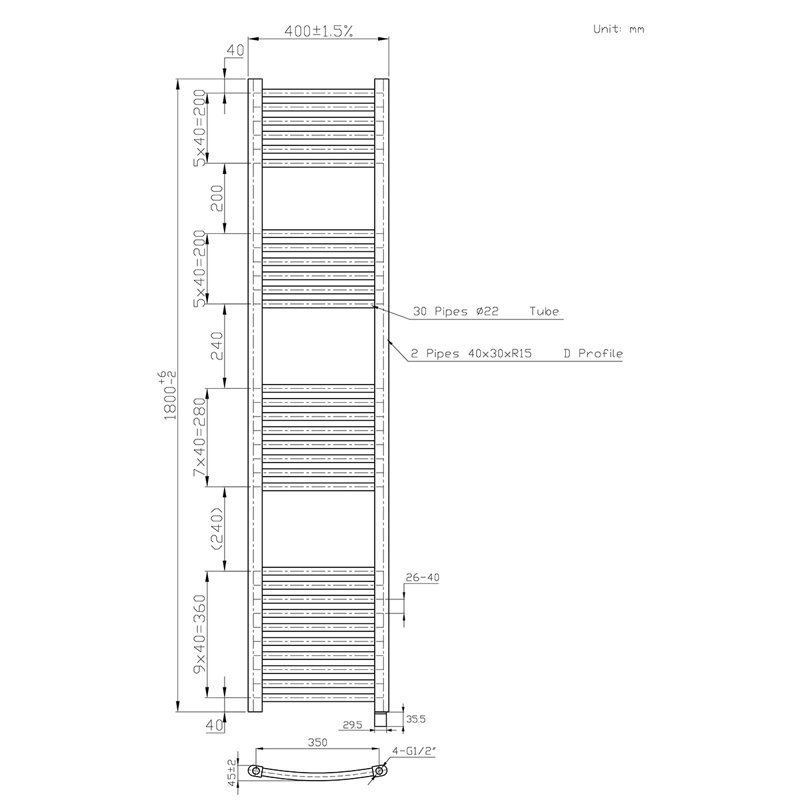Cioffred Curved Towel Rail Heated Towel Rails, 180cm H x 40cm W x 4.5cm D, White